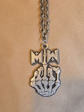 Silver Tone Motionless In White Skeletal Middle Finger Pendant Necklace - Men